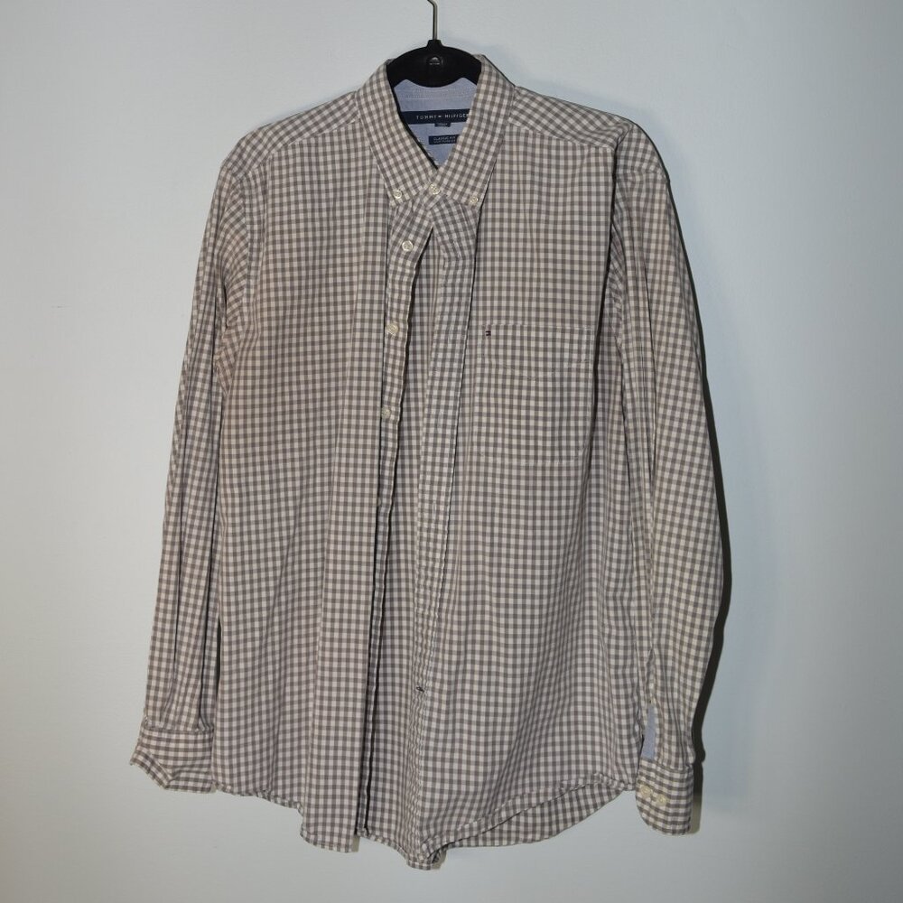 TOMMY HILFIGER CLASSIC FIT GINGHAM POPLIN BUTTON DOWN SHIRT L/G BROWN EXC COND